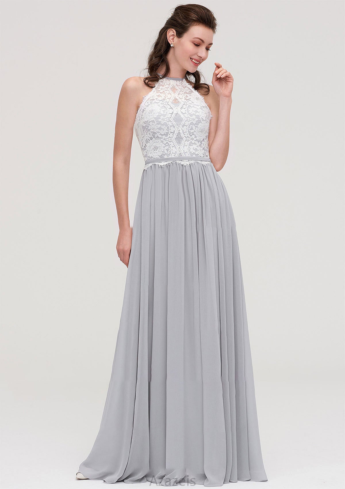 Sleeveless Scoop Neck A-line/Princess Chiffon Long/Floor-Length Bridesmaid Dresseses With Lace Avah DFP0025497