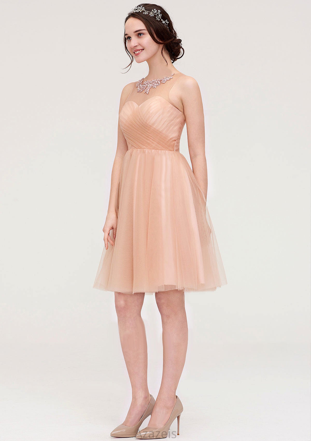 Bateau Sleeveless A-line/Princess Tulle Knee-Length Bridesmaid Dresses With Pleated Beading Nathalie DFP0025498