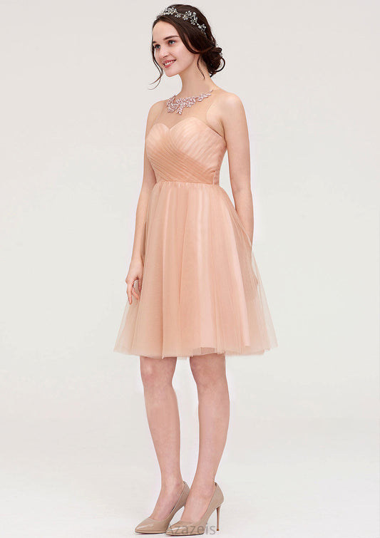 Bateau Sleeveless A-line/Princess Tulle Knee-Length Bridesmaid Dresses With Pleated Beading Nathalie DFP0025498