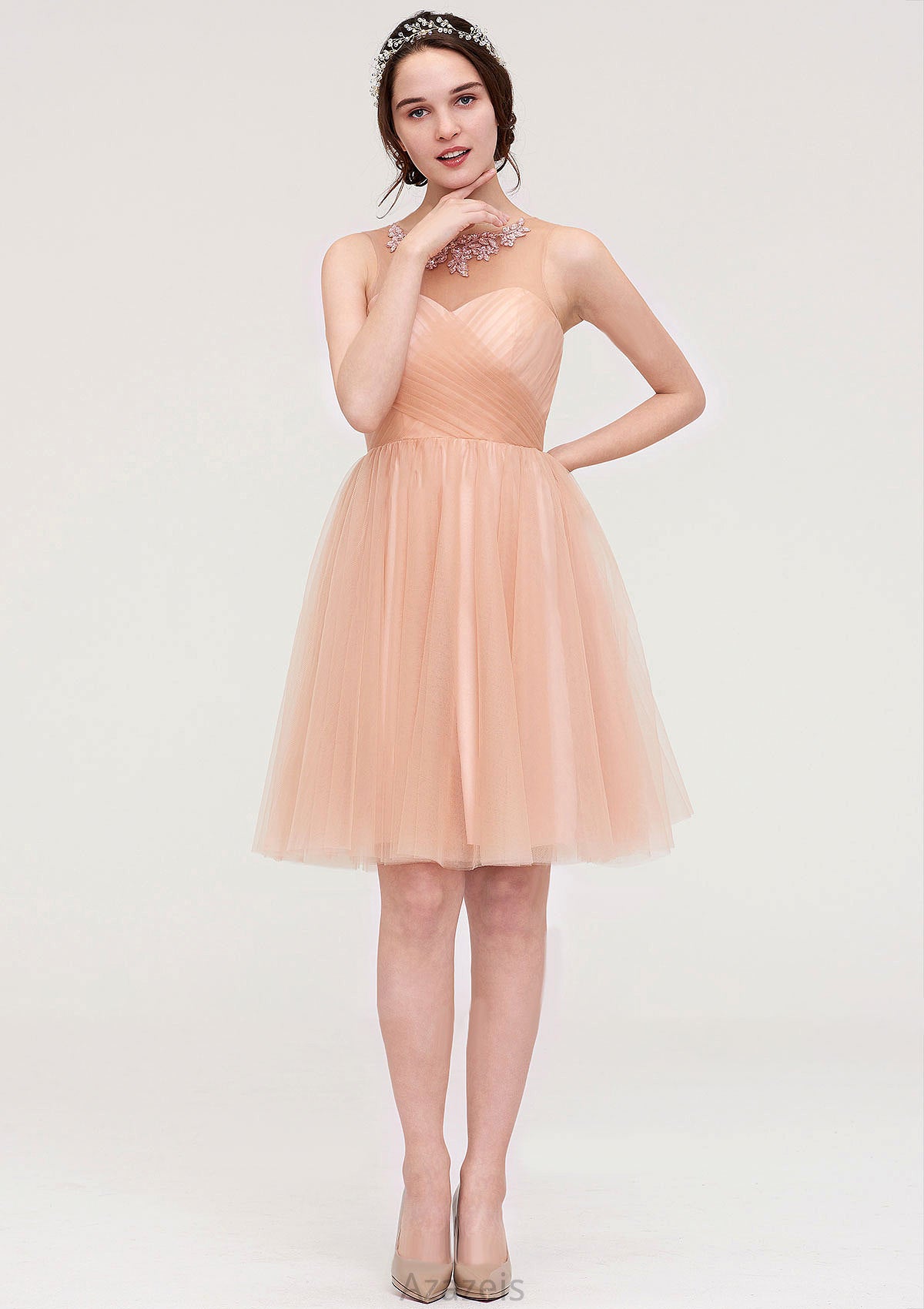 Bateau Sleeveless A-line/Princess Tulle Knee-Length Bridesmaid Dresses With Pleated Beading Nathalie DFP0025498