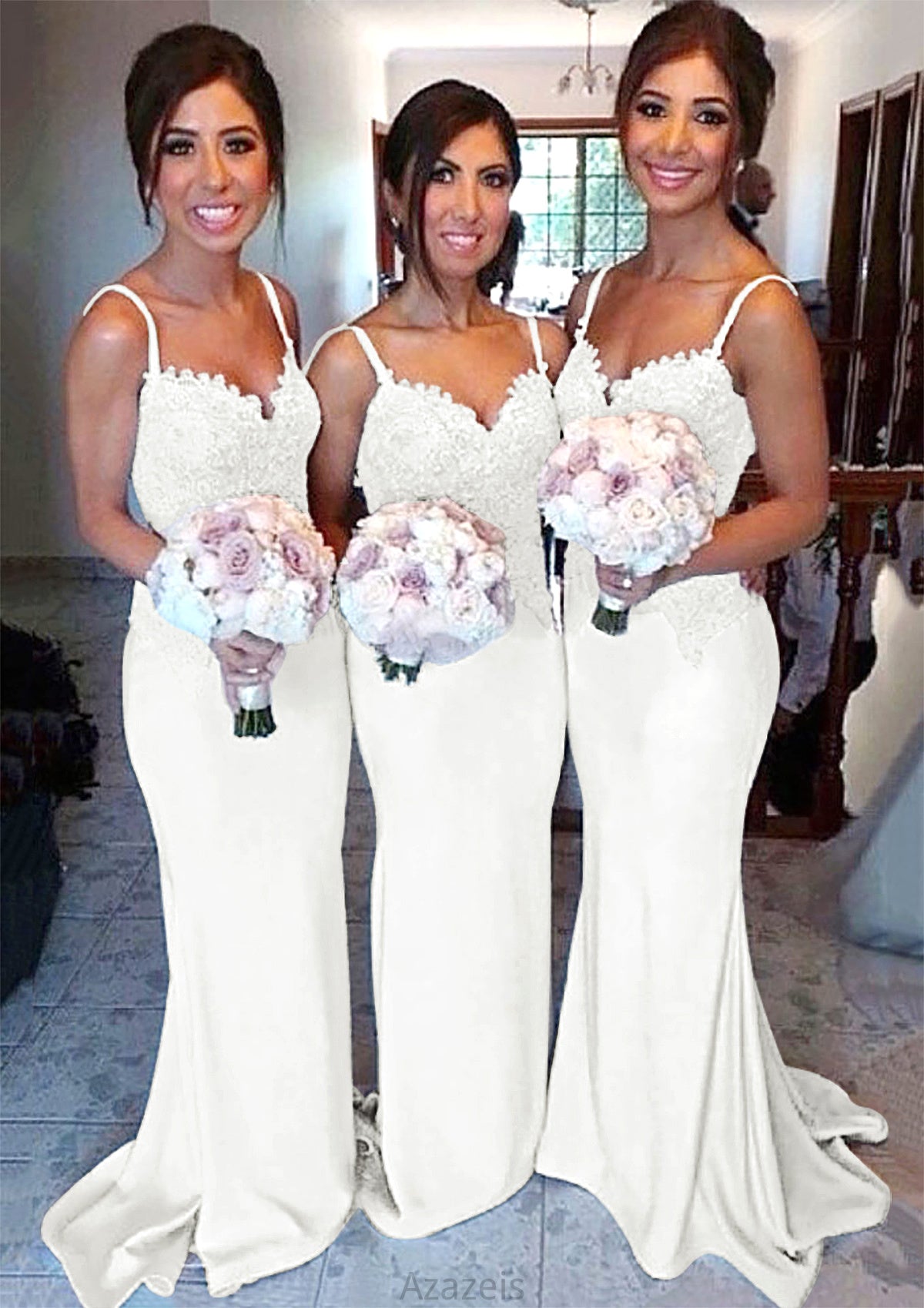 Sweetheart Court Train Sheath/Column Elastic Satin Bridesmaid Dresseses With Lace Angel DFP0025500
