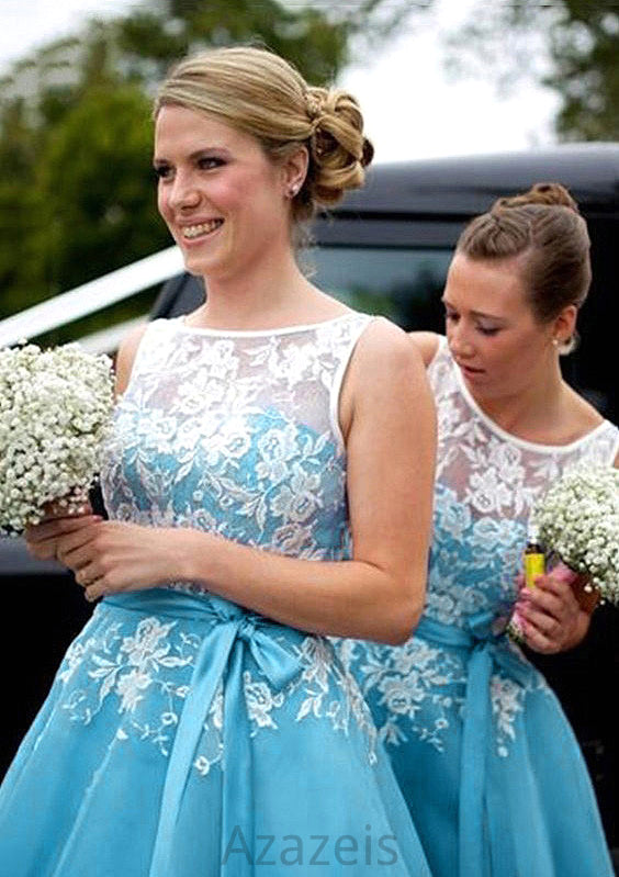 Bateau A-Line/Princess Tea-Length Organza Bridesmaid Dresses With Appliqued Sarai DFP0025504