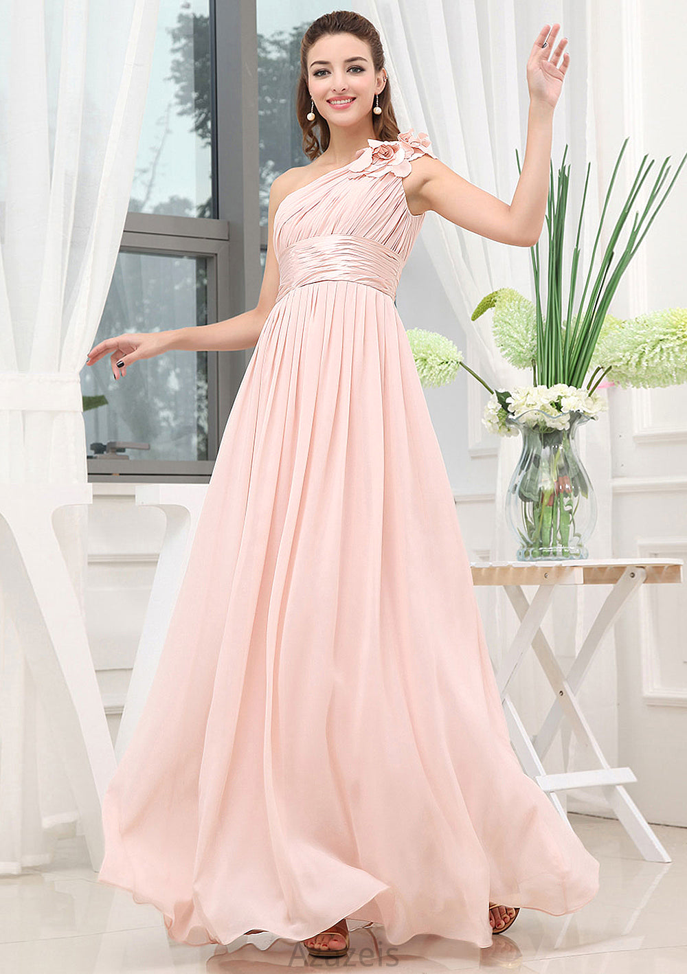 Sleeveless One-Shoulder Long/Floor-Length A-line/Princess Chiffon Bridesmaid Dresses With Pleated Shoulder Flower Hadassah DFP0025507