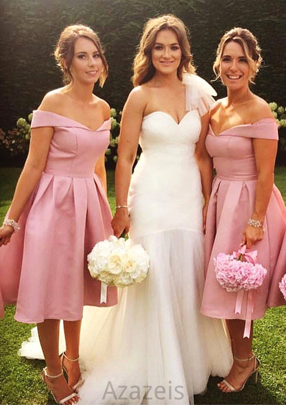 Sleeveless Off-the-Shoulder Tea-Length A-line/Princess Satin Bridesmaid Dresseses With Pleated Lina DFP0025508