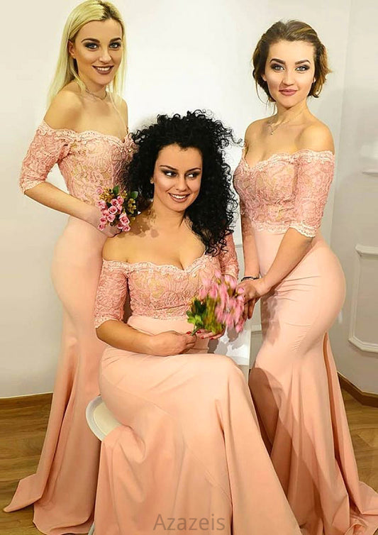 Off-the-Shoulder Half Sleeve Long/Floor-Length Sheath/Column Elastic Satin Bridesmaid Dresseses With Lace Marissa DFP0025509