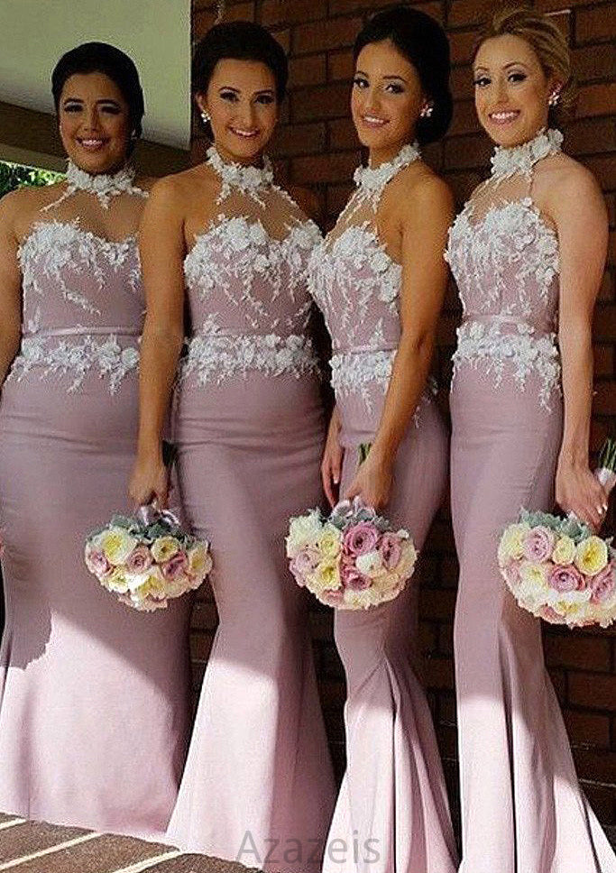 Halter Sleeveless Sweep Train Sheath/Column Satin Bridesmaid Dresses With Appliqued Nia DFP0025515