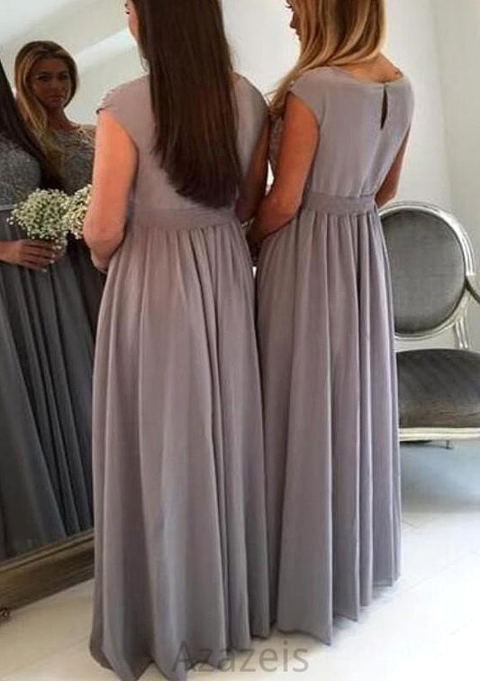 Bateau A-Line/Princess Long/Floor-Length Chiffon Bridesmaid Dresses With Appliqued Mckenna DFP0025517