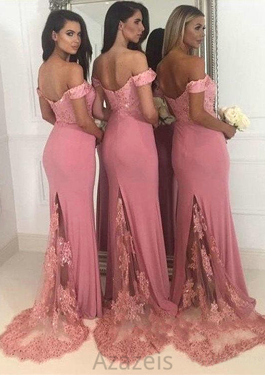 Sleeveless Off-the-Shoulder Sweep Train Sheath/Column Jersey Bridesmaid Dresseses With Lace Beading Amya DFP0025519