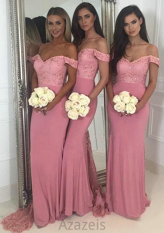 Sleeveless Off-the-Shoulder Sweep Train Sheath/Column Jersey Bridesmaid Dresseses With Lace Beading Amya DFP0025519