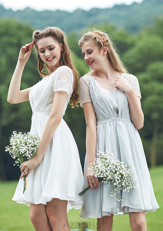Short/Mini Scalloped Neck Short Sleeve Chiffon A-line/Princess Bridesmaid Dresseses With Lace Erin DFP0025520