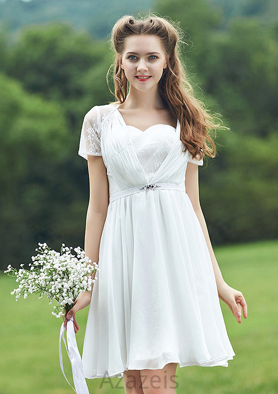 Short/Mini Scalloped Neck Short Sleeve Chiffon A-line/Princess Bridesmaid Dresseses With Lace Erin DFP0025520