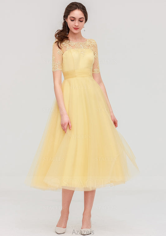 Bateau Short Sleeve A-line/Princess Tulle Tea-Length  Bridesmaid Dresses With Pleated Lace Sierra DFP0025522