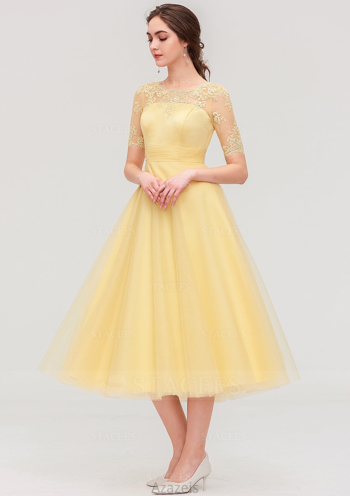 Bateau Short Sleeve A-line/Princess Tulle Tea-Length  Bridesmaid Dresses With Pleated Lace Sierra DFP0025522