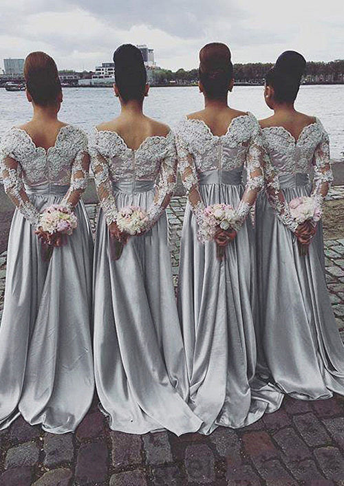 Sweetheart A-Line/Princess Sweep Train Elastic Satin Bridesmaid Dresses With Lace Cadence DFP0025524