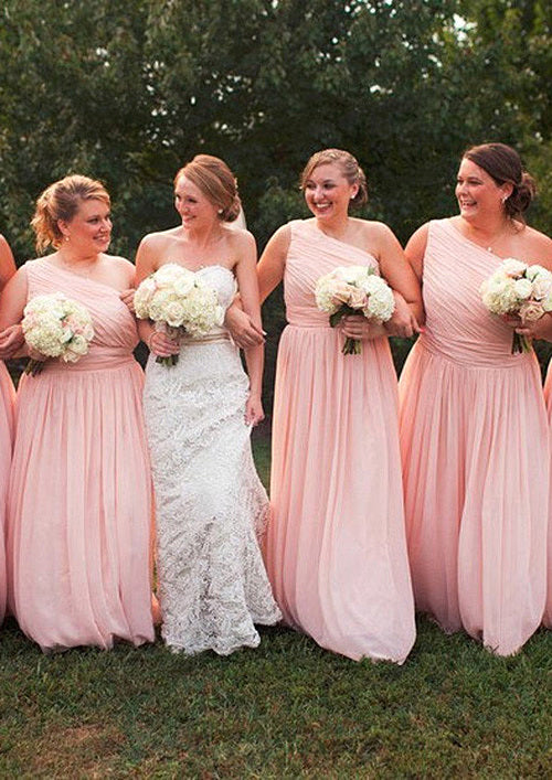 One-Shoulder A-Line/Princess Long/Floor-Length Chiffon Bridesmaid Dresses With Pleated Avah DFP0025529