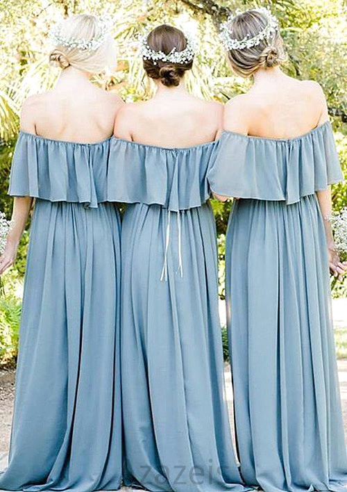 Off-The-Shoulder A-Line/Princess Long/Floor-Length Chiffon Bridesmaid Dresses With Ruffles Makenna DFP0025555