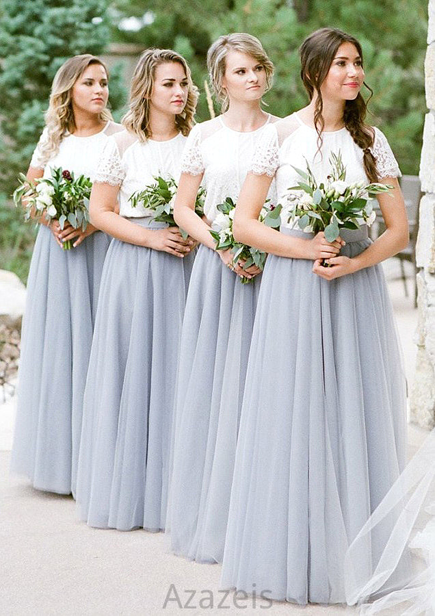 Short Sleeve Scoop Neck Long/Floor-Length A-line/Princess Tulle Bridesmaid Dresseses With Lace Aracely DFP0025563