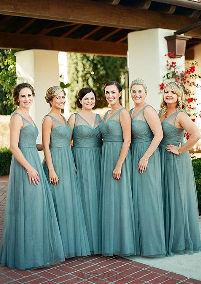 Sleeveless V Neck Tulle Long/Floor-Length A-line/Princess Bridesmaid Dresseses With Pleated Lauryn DFP0025578