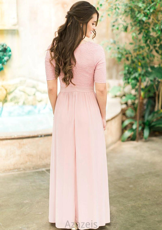 Scoop Neck Short Sleeve Ankle-Length A-line/Princess Chiffon Bridesmaid Dresses With Lace Pleated Jamie DFP0025580