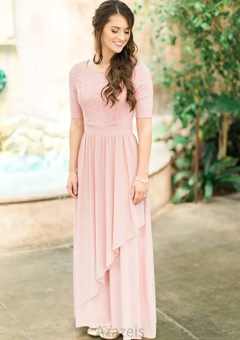 Scoop Neck Short Sleeve Ankle-Length A-line/Princess Chiffon Bridesmaid Dresses With Lace Pleated Jamie DFP0025580