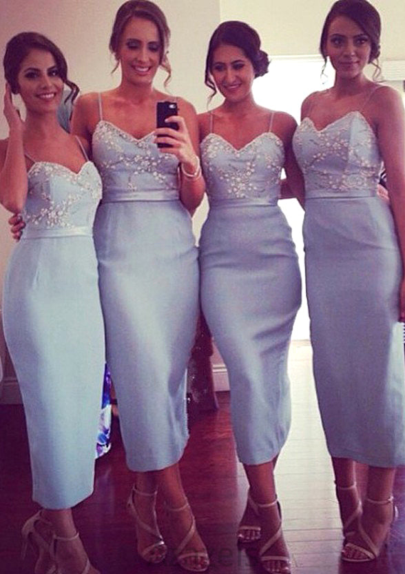 Sleeveless V Neck Tea-Length Sheath/Column Elastic Satin Bridesmaid Dresseses With Appliqued Anahi DFP0025581