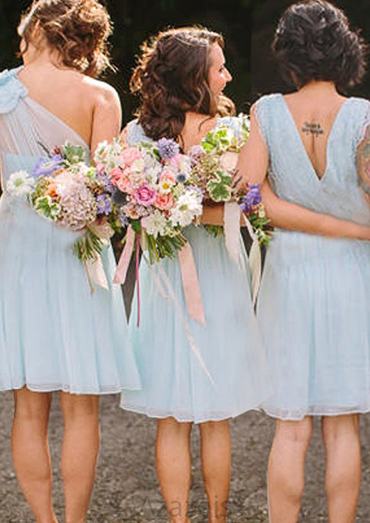 Sleeveless V Neck Knee-Length Chiffon A-line/Princess Bridesmaid Dresseses With Lace Nola DFP0025587