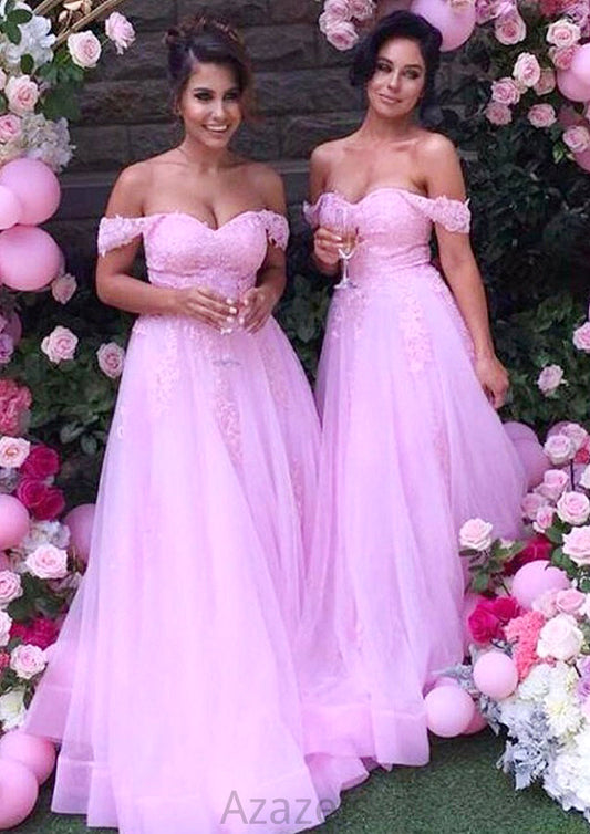 Sleeveless Off-the-Shoulder Long/Floor-Length Tulle A-line/Princess Bridesmaid Dresseses With Lace Hazel DFP0025589