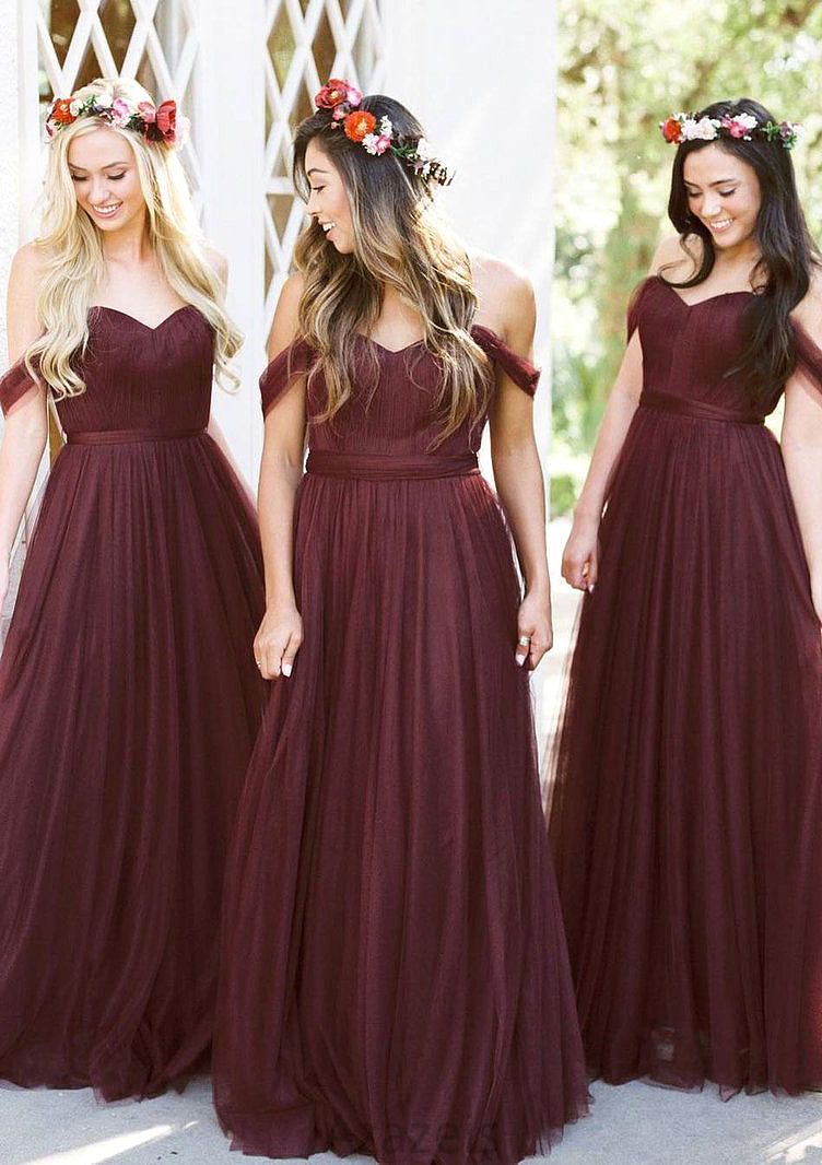 Sleeveless Off-the-Shoulder Long/Floor-Length Tulle A-line/Princess Bridesmaid Dresseses With Pleated Laci DFP0025591
