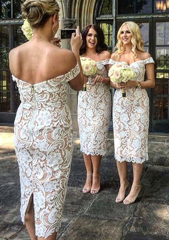 Sheath/Column Off-the-Shoulder Tea-Length Sheath/Column Lace Bridesmaid Dresseses With Split Kaylah DFP0025601