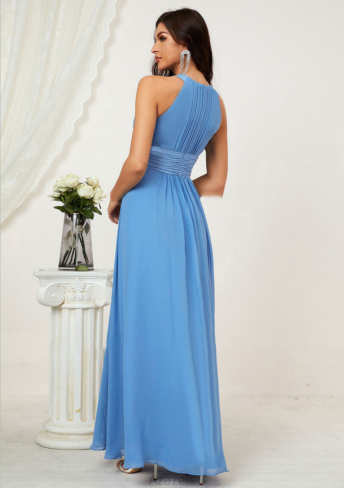 A-line Halter Sleeveless Chiffon Long/Floor-Length Bridesmaid Dresses With Pleated Jaylin DFP0025610