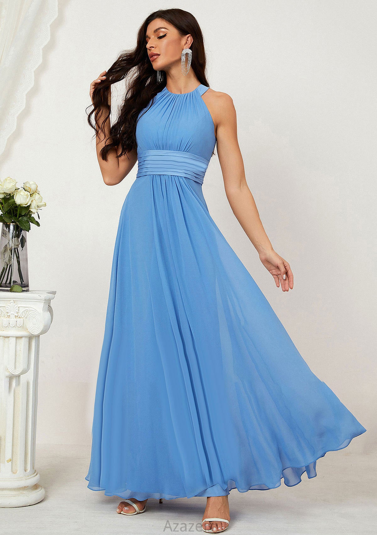 A-line Halter Sleeveless Chiffon Long/Floor-Length Bridesmaid Dresses With Pleated Jaylin DFP0025610