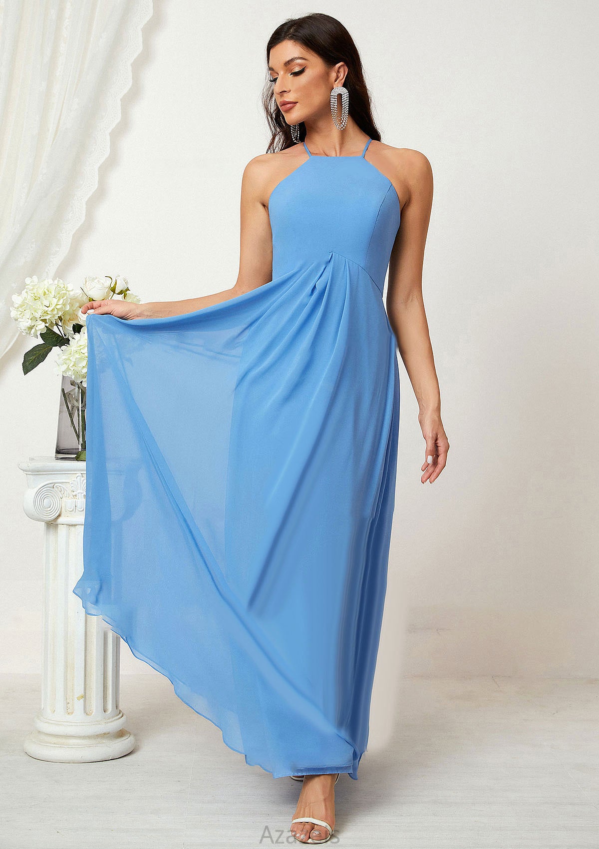 A-line Empire Halter Sleeveless Chiffon Long/Floor-Length Bridesmaid Dresses With Ruffles Kierra DFP0025611
