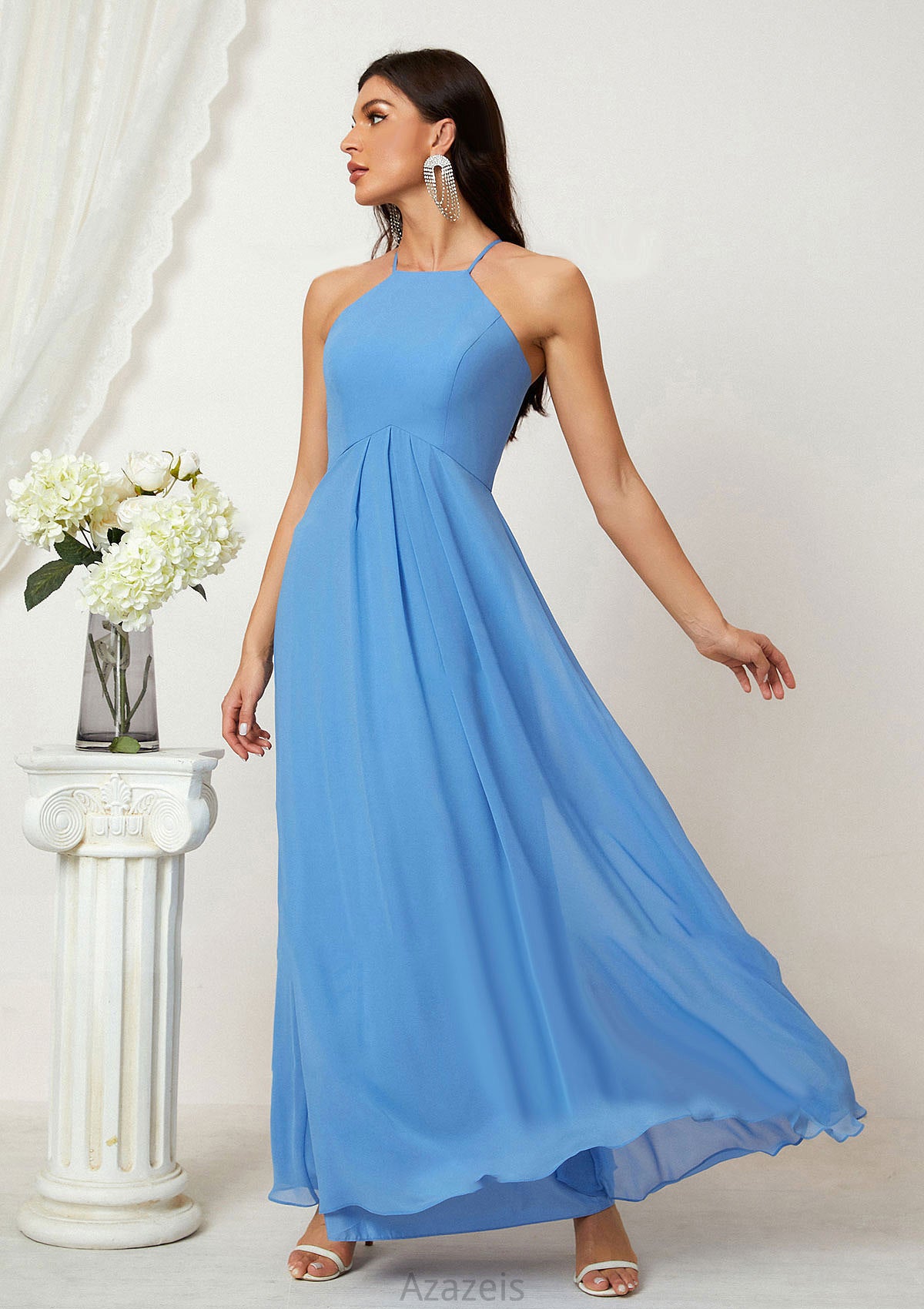 A-line Empire Halter Sleeveless Chiffon Long/Floor-Length Bridesmaid Dresses With Ruffles Kierra DFP0025611