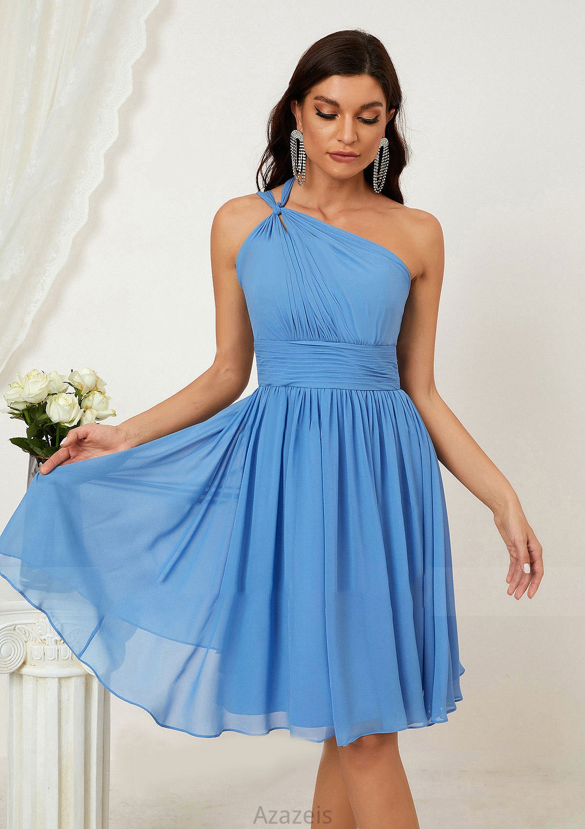 A-line One-Shoulder Sleeveless Chiffon Knee-Length Bridesmaid Dresses With Pleated Luciana DFP0025612