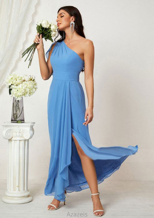 A-line One-Shoulder Sleeveless Chiffon Long/Floor-Length Bridesmaid Dresses With Pleated Split Ursula DFP0025613