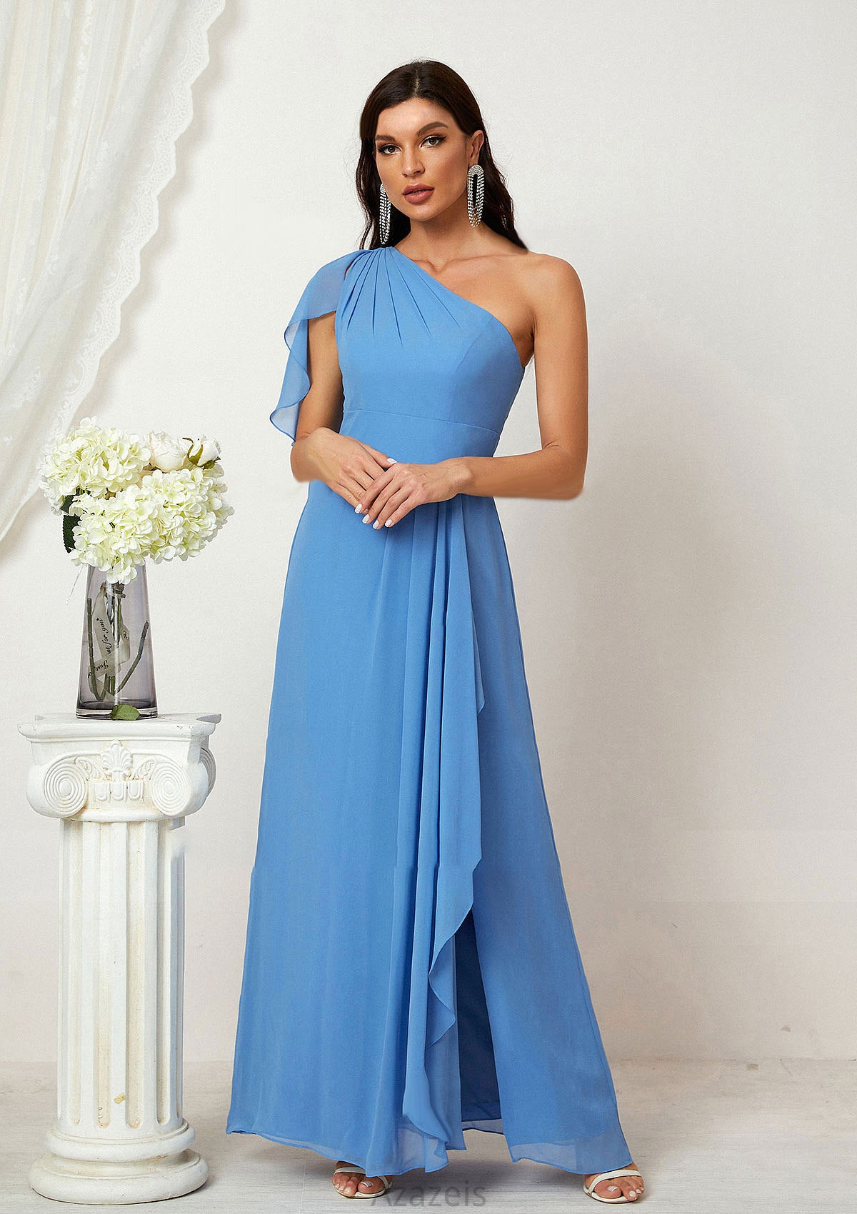 A-line One-Shoulder Sleeveless Chiffon Long/Floor-Length Bridesmaid Dresses With Pleated Split Ursula DFP0025613