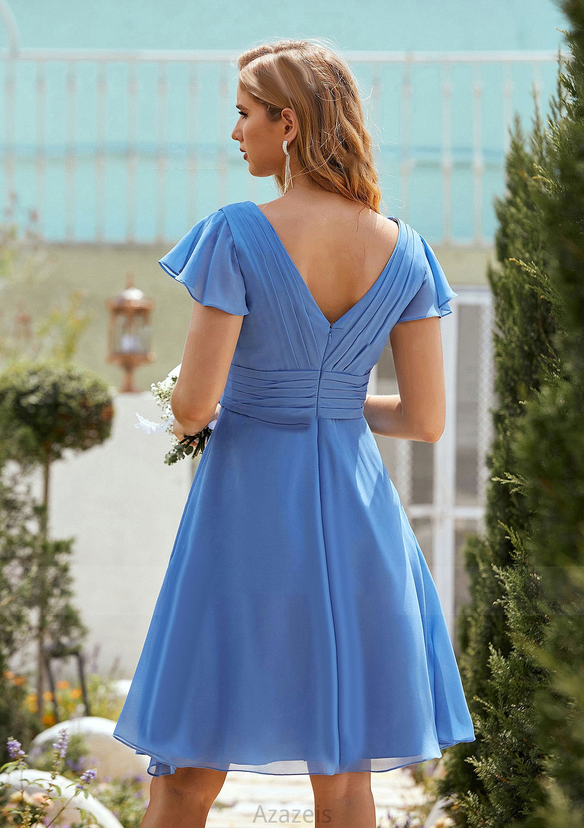 A-line V Neck Short Sleeve Chiffon Short/Mini Bridesmaid Dresses With Pleated Aileen DFP0025614