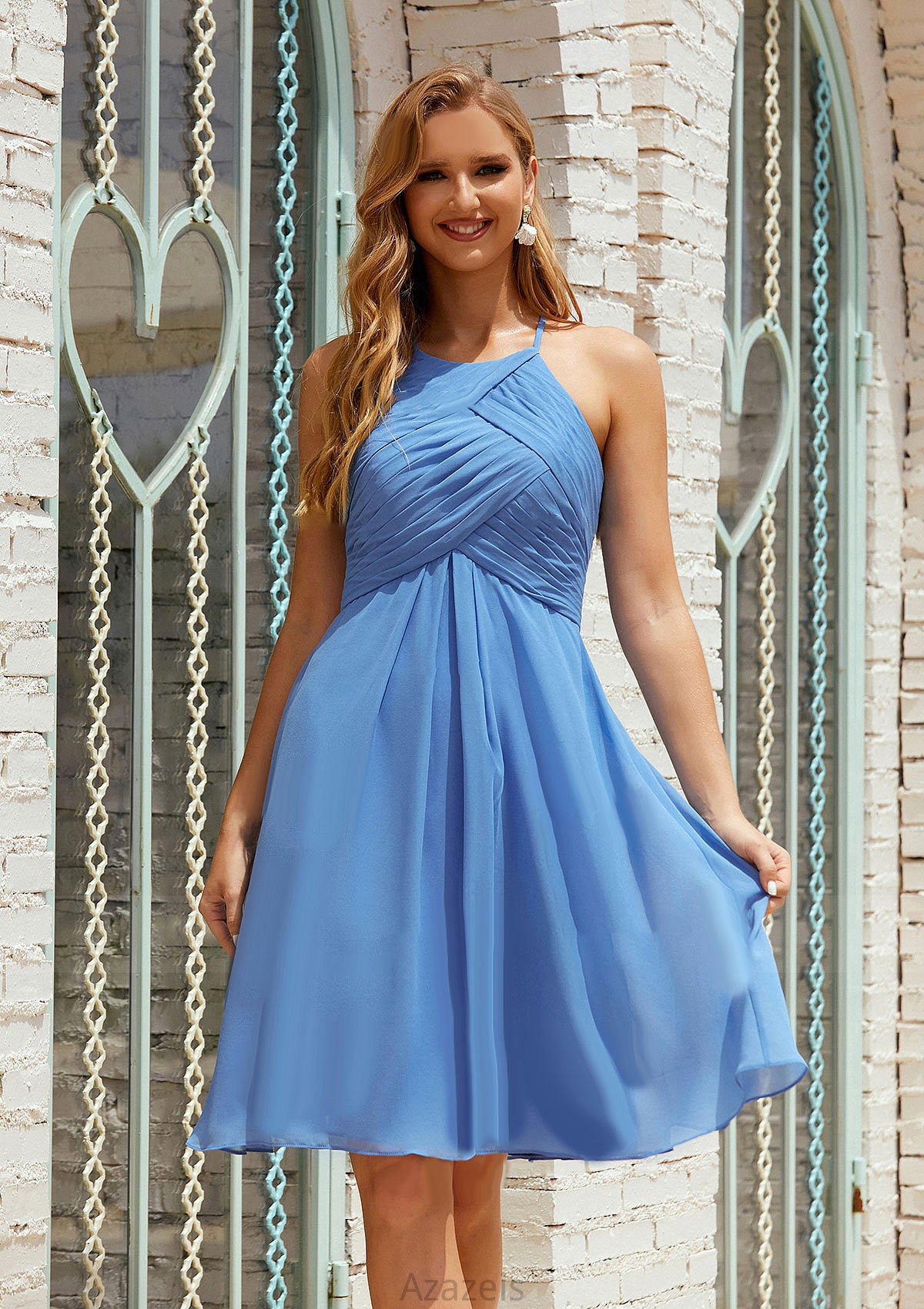 Empire A-line Halter Chiffon Short/Mini Bridesmaid Dresses With Pleated Taniyah DFP0025615