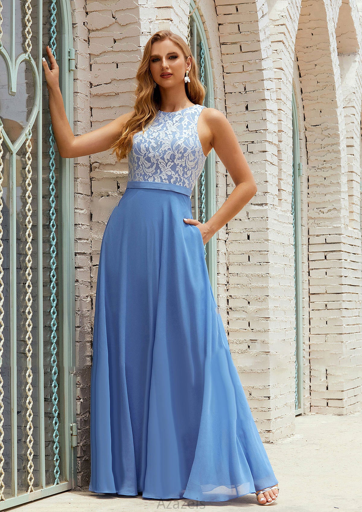 A-line Scoop Neck Sleeveless Chiffon Long/Floor-Length Bridesmaid Dresses With Pockets Lace Lori DFP0025616