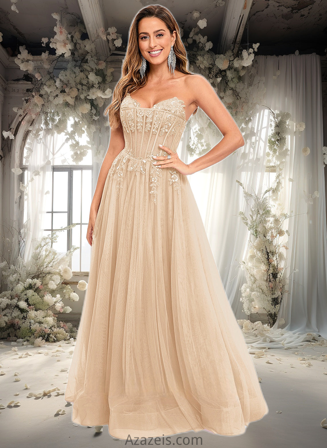 Zoey Ball-Gown/Princess V-Neck Floor-Length Tulle Prom Dresses With Sequins Appliques Lace DFP0025837