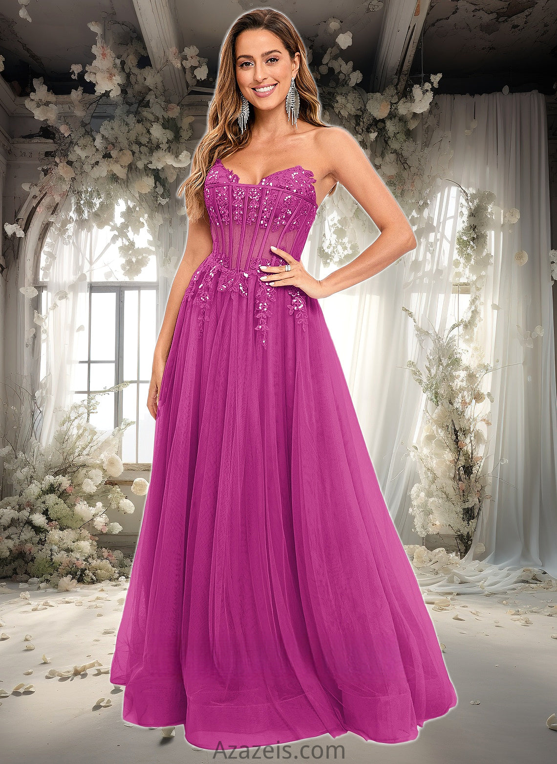 Zoey Ball-Gown/Princess V-Neck Floor-Length Tulle Prom Dresses With Sequins Appliques Lace DFP0025837