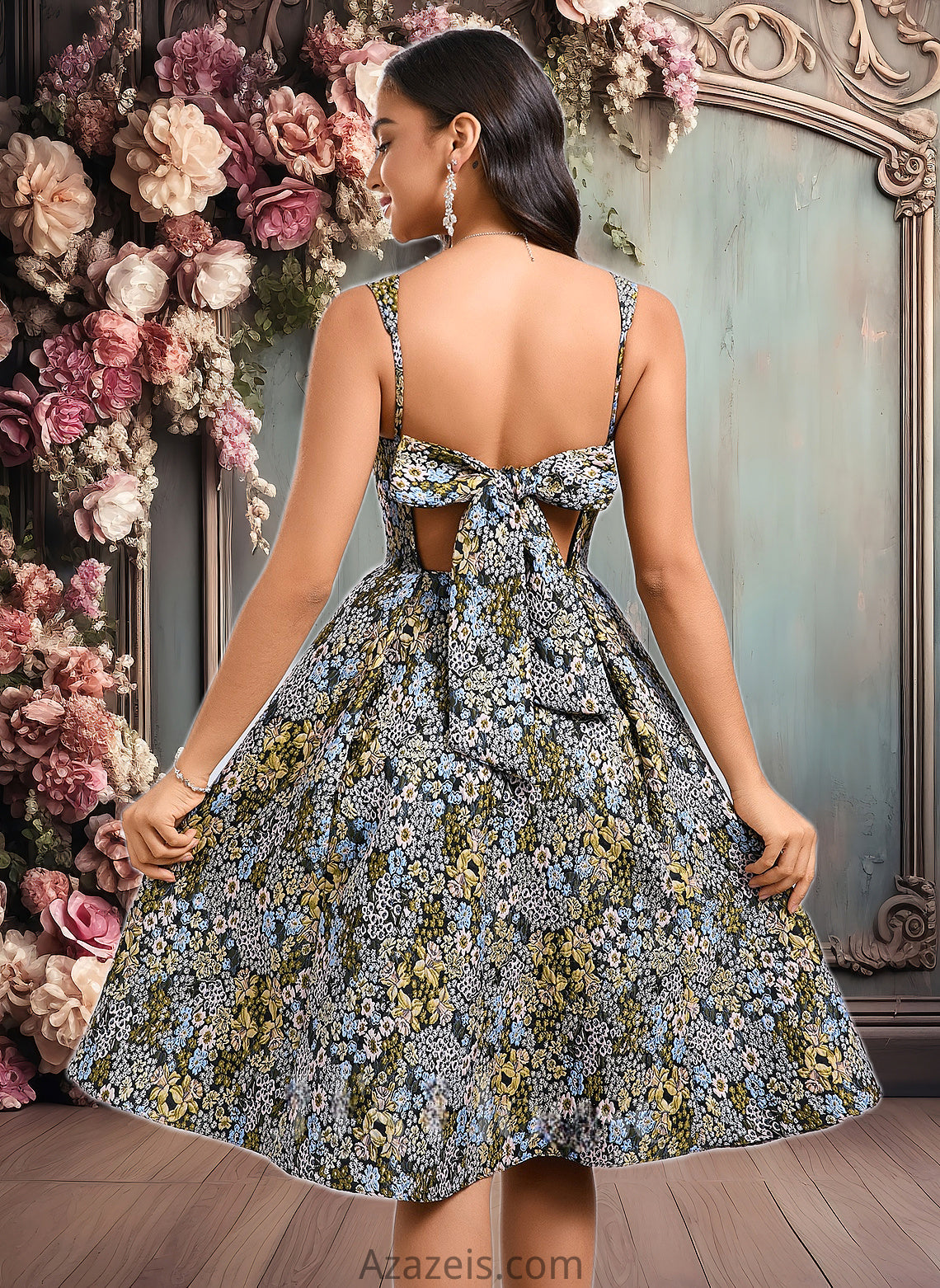 Adriana A-line Square Knee-Length Jacquard Homecoming Dress With Bow DFP0025687