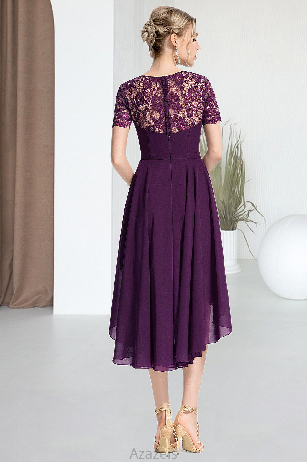 Ruby A-line Scoop Asymmetrical Chiffon Lace Homecoming Dress DFP0020587