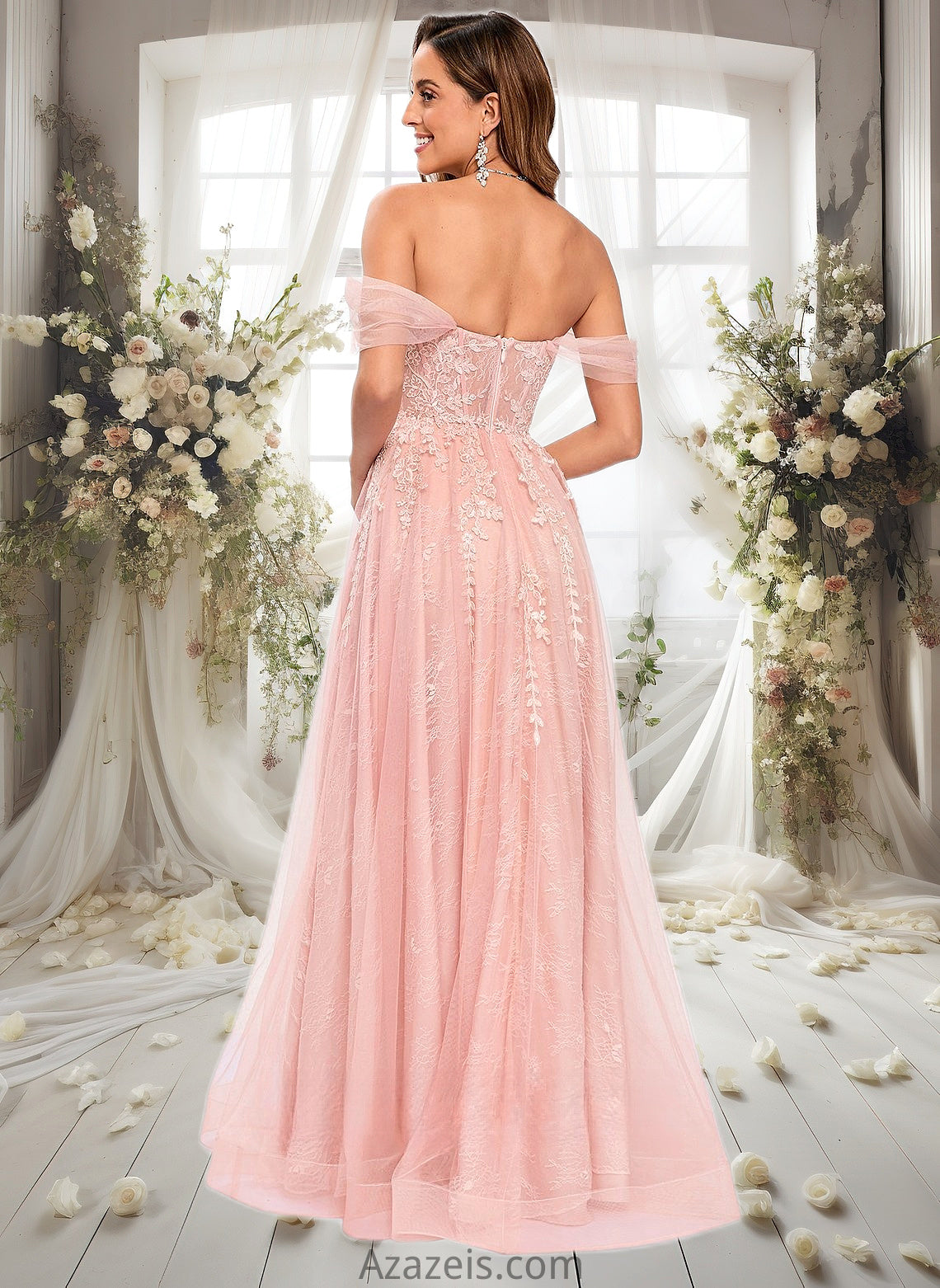 Elva A-line Sweetheart Off the Shoulder Floor-Length Tulle Floral Lace Prom Dresses With Appliques Lace DFP0025870