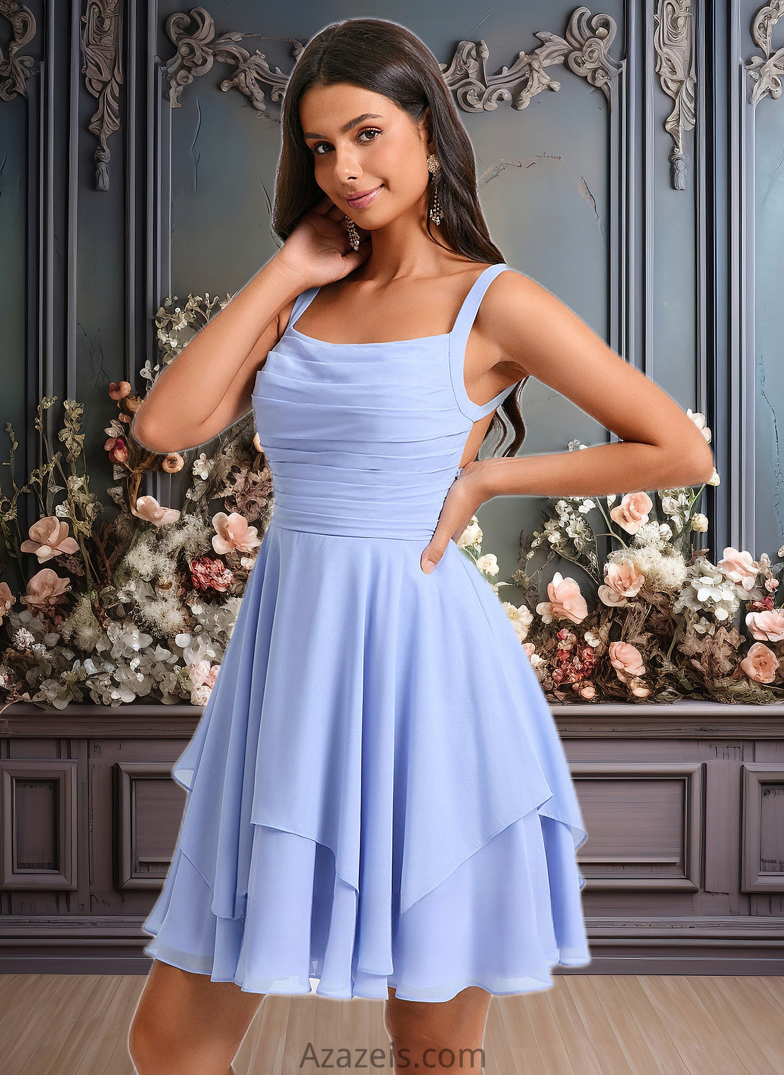 Jode A-line Scoop Short Chiffon Homecoming Dress With Pleated DFP0025654