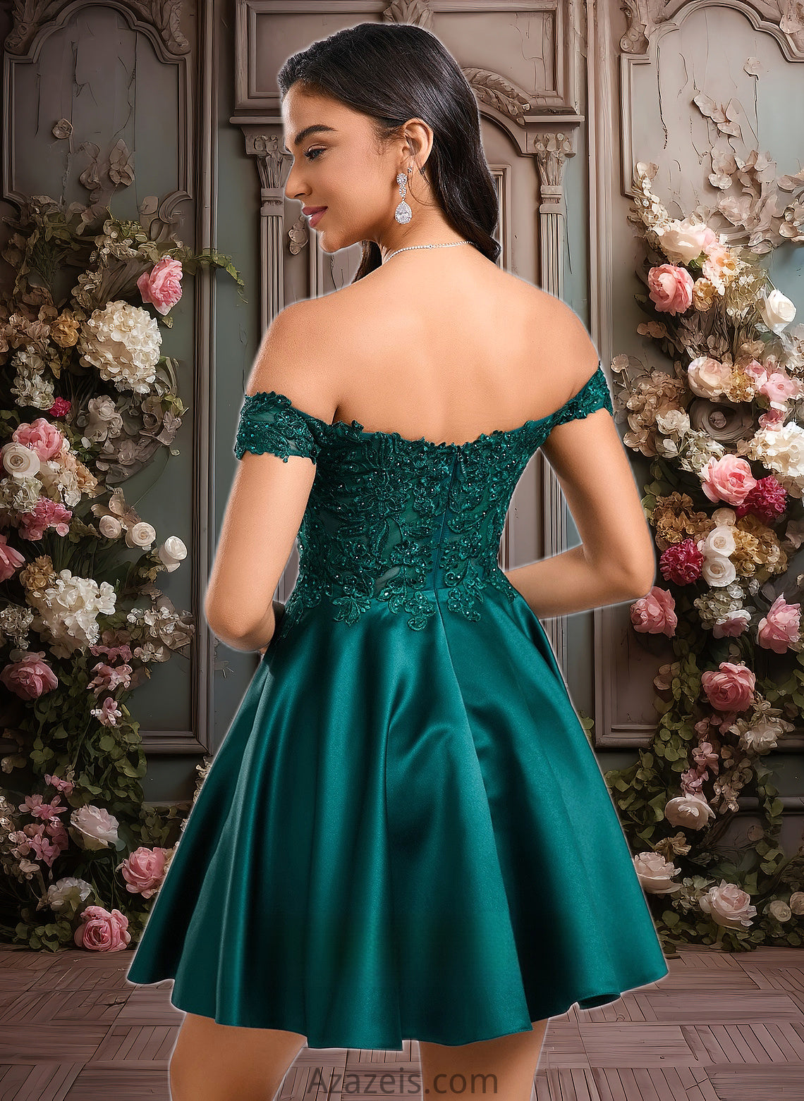 Jayla A-line Off the Shoulder Short Lace Satin Homecoming Dress With Rhinestone DFP0025718