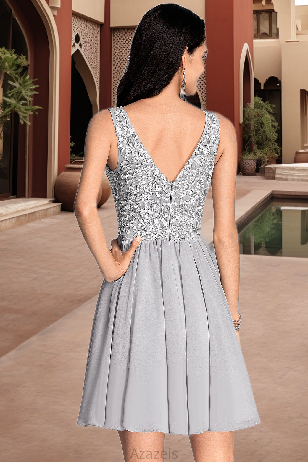 Mireya A-line V-Neck Short/Mini Chiffon Lace Homecoming Dress With Sequins DFP0020557