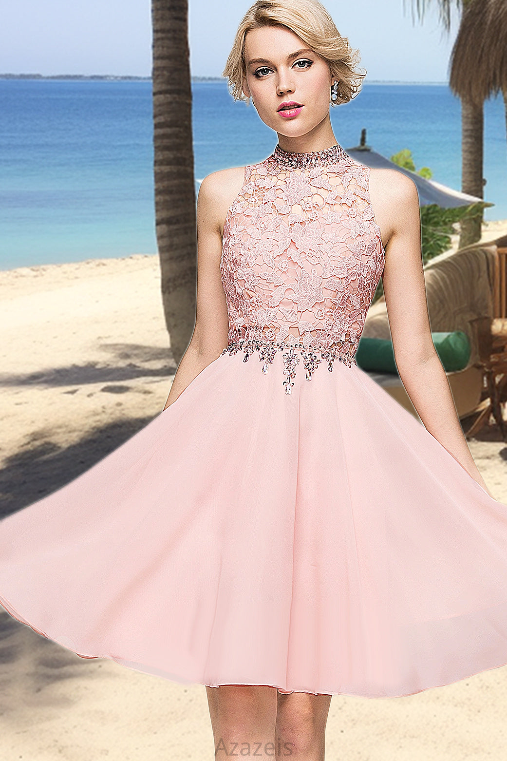 Sarah A-line High Neck Knee-Length Chiffon Lace Homecoming Dress With Beading Sequins DFP0020596