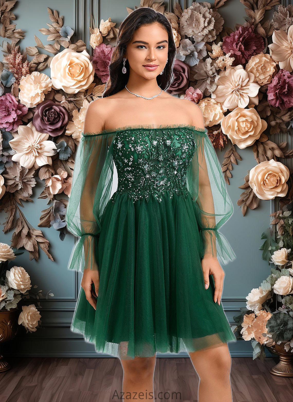 Fernanda A-line Off the Shoulder Short Tulle Homecoming Dress With Sequins Appliques Lace DFP0025663