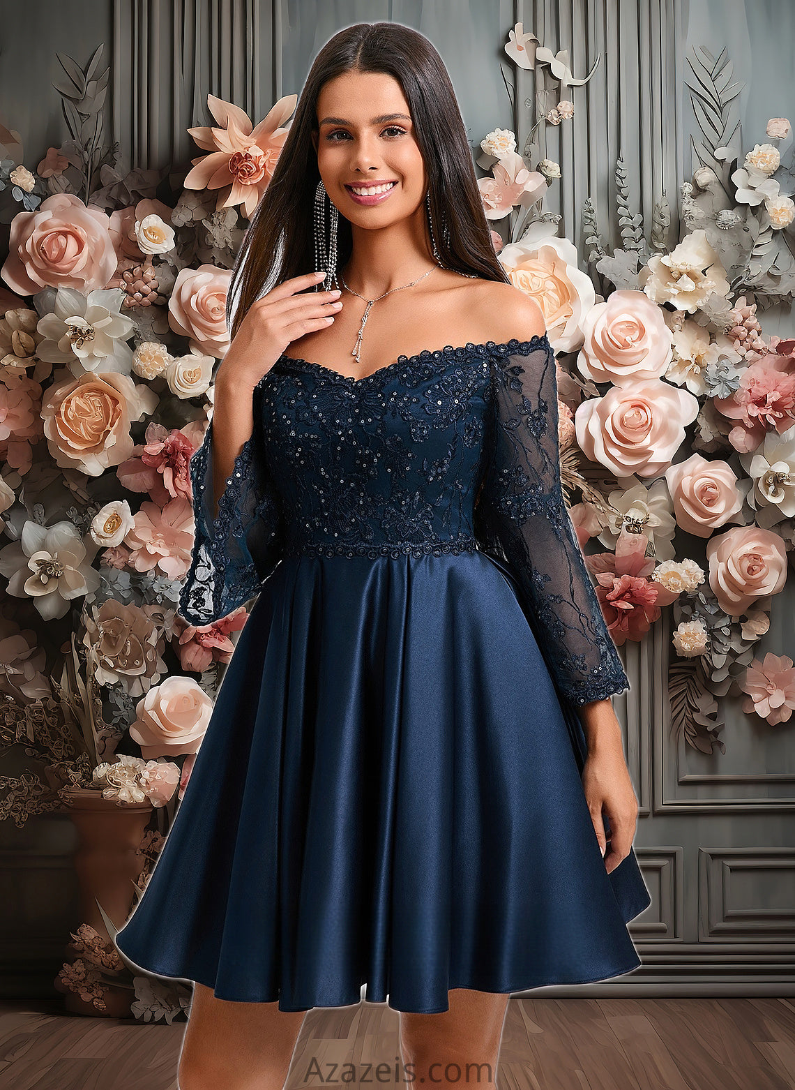 Anabelle A-line Off the Shoulder Short Satin Homecoming Dress With Sequins DFP0025651